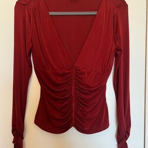 Women’s Deep V Ruched Long Sleeve Top - Burgundy